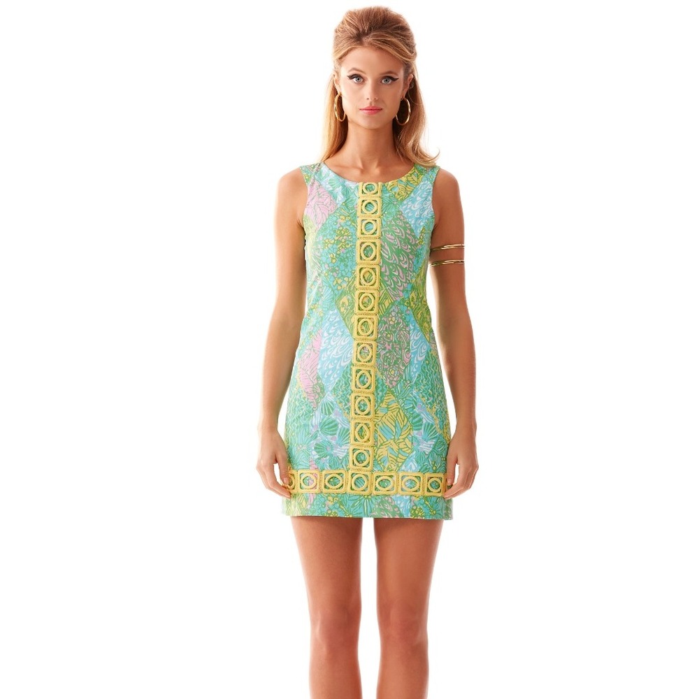 Lilly Pulitzer Shift Dress Womens 4 Turquoise Yellow Lace Trim Mini Cotton